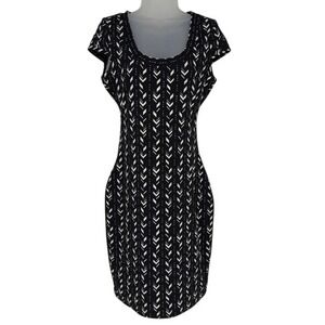 Black Halo Black White Geometric Bodycon Dress Cap Sleeve Size L Made‎ in USA